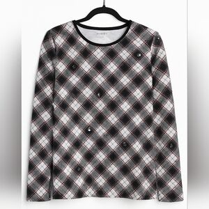 Talbots Plaid Star Print Long Sleeve Knit Top Black Red White Cotton Blend Large